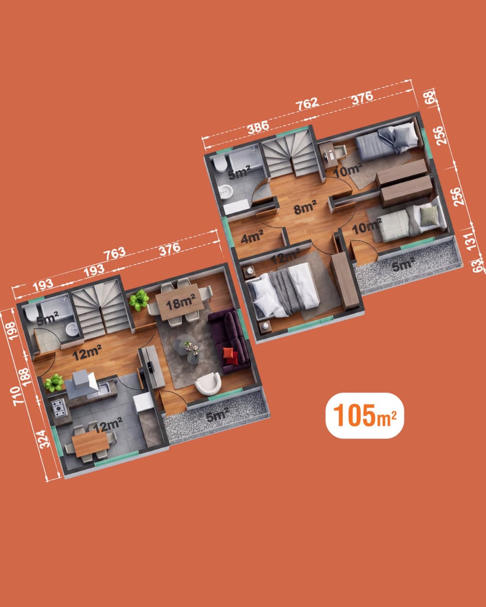 105 m² Çift Katlı Prefabrik Ev — 2