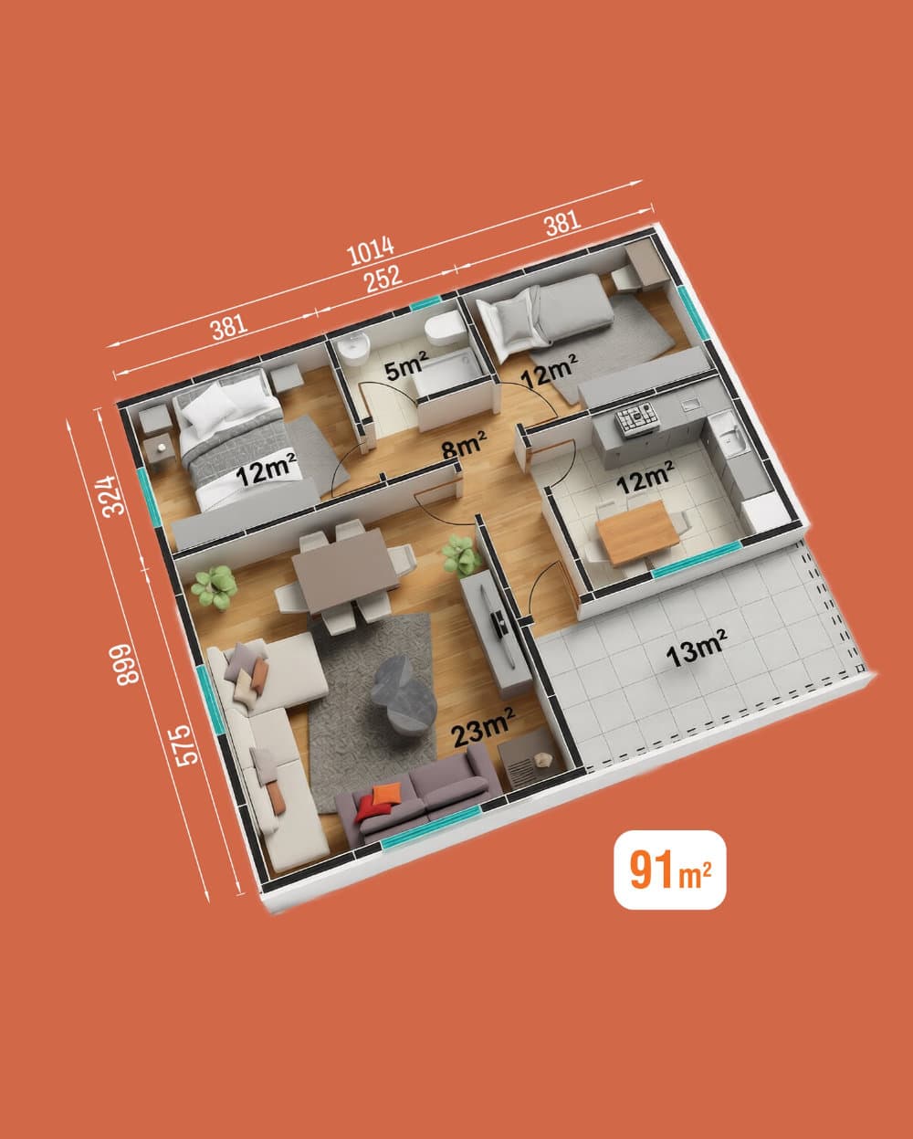 91 m² Tek Katlı Prefabrik Ev — Model 2 — 2